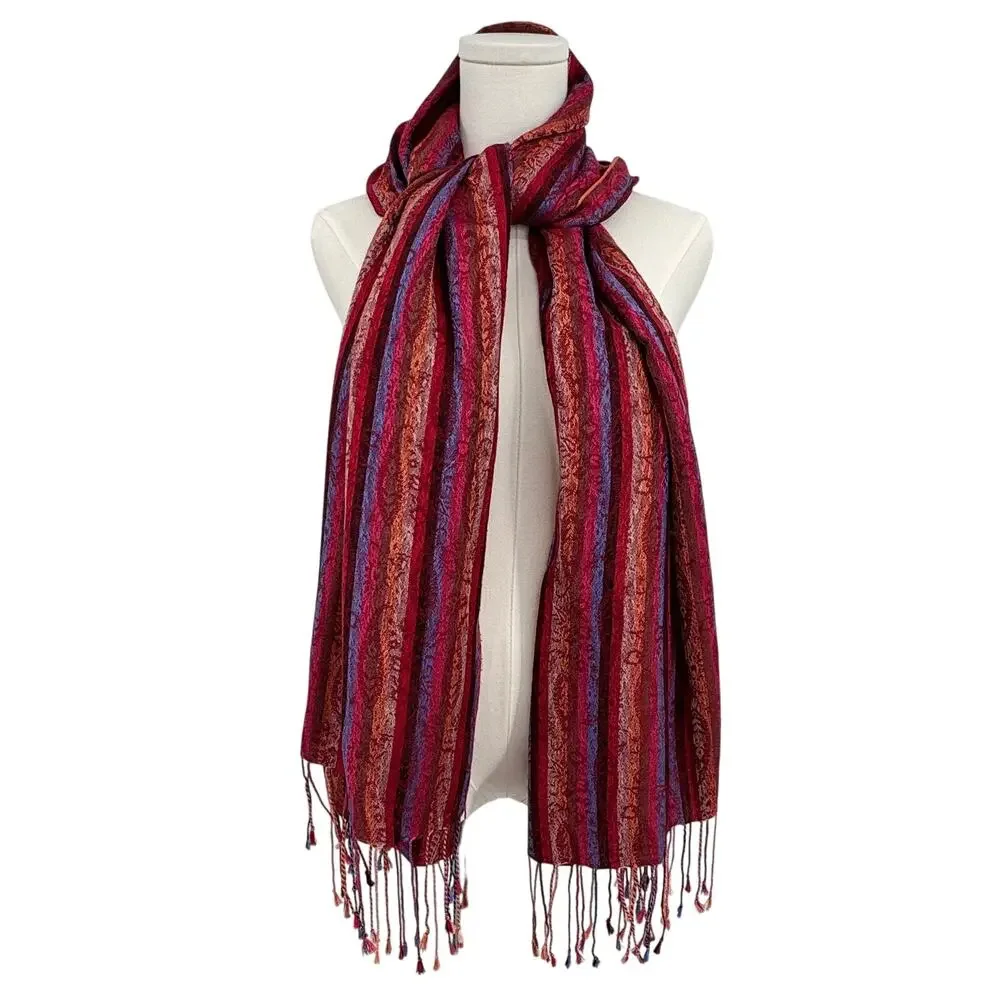 Pashmina silk blend tassel fringe wrap scarf shawl paisley wine red burnt orange